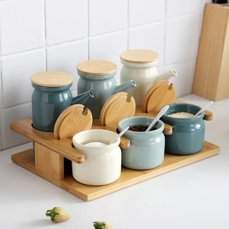 Nordic Ceramic Spice Rack Salt Shaker Pepper Vinegar Oil Bottle Sugar Chili Condiment Box Spices Storage Jar Set Home Kitchen