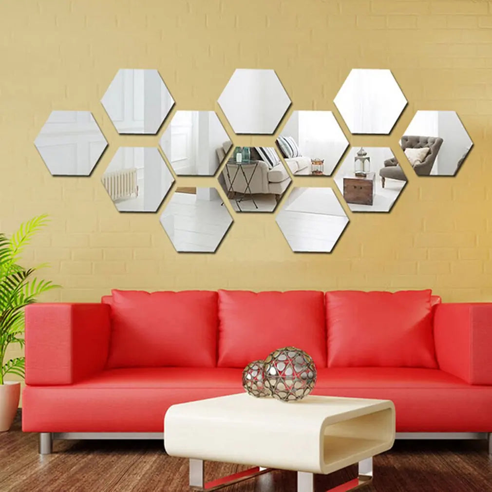 24pcs Hexagon Mirror Sticker Self Adhesive Mosaic Tiles Wall Sticker Decals DIY Bedroom Living Room Bathroom Home Decor