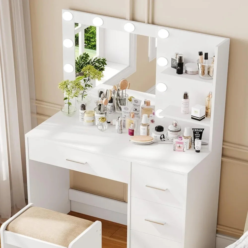 Makeup Vanity Table with Lighted Mirror, 10 LED Lights,  with Storage Shelf and 4 Drawers, Bedroom Dressing Table