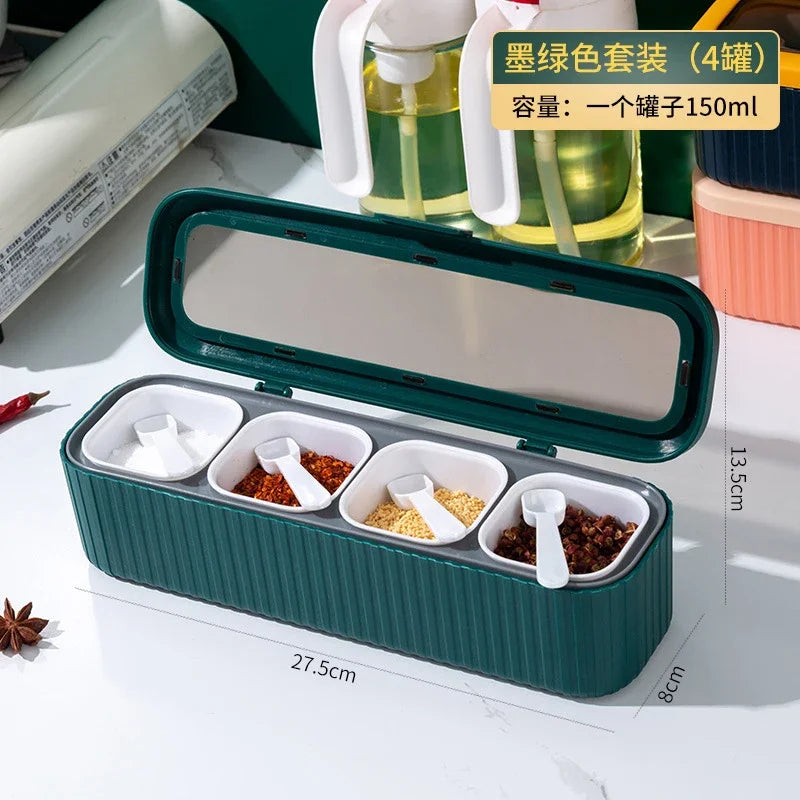 Kitchen Seasoning Storage Box, Combination with Spoon, Four Compartments