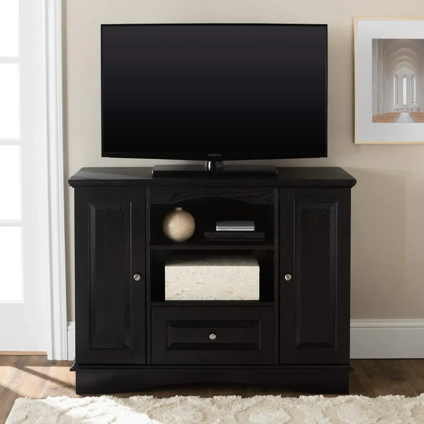 TV Stand with Cabinet Doors and Open Shelves for TV's up to 48" Living Room Storage Shelves Entertainment Center, 42 Inch, Black