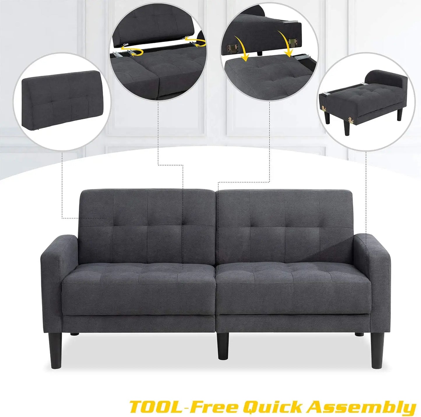 Mid Century Modern Couches for Small Space, Upholstered 2-Seat Livingroom Bedroom Accent Sofa,Dark Gray